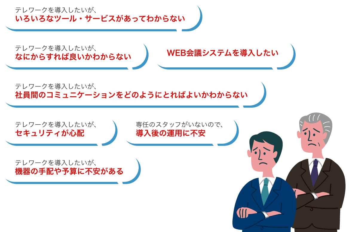 いろいろなツール・サービスがあってわからない、なにからすれば良いかわからない、WEB会議システムを導入したい、社員間のコミュニケーションをどのようにとればよいかわからない、セキュリティが心配、導入後の運用に不安、機器の手配や予算に不安がある